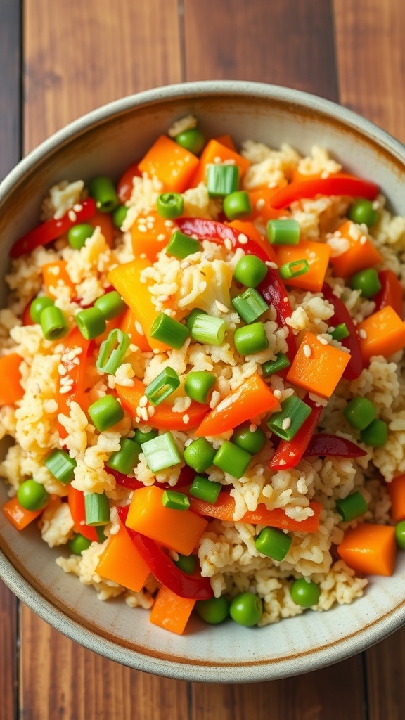 A colorful riced cauliflower stir-fry featuring bell peppers, carrots, and peas, garnished with green onions and sesame seeds.